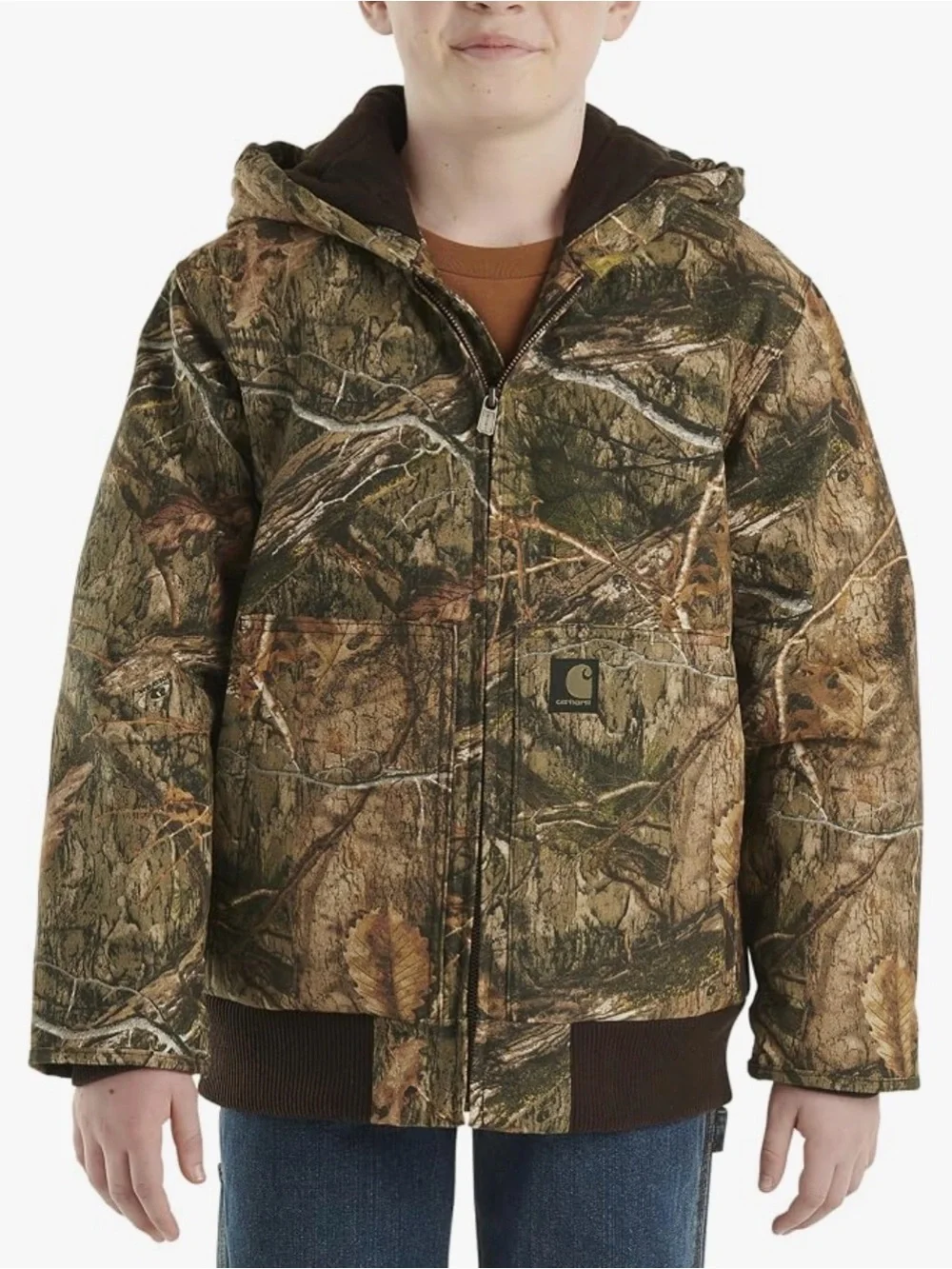 Carhartt Boys Flannel-Lined Hooded Canvas Insulated Zip-Up Jacket Camo Medium
